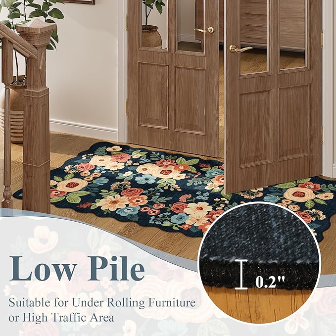 DUKINO 3x10 Washable Runner Rug, Non Slip Floral Ultra Soft Runner for Hallway, Lightweight Low Pile & Stain Resistant Long Throw Carpet for Kitchen, Bathroom, Entrance, Bedroom, Kids Room, Navy Blue