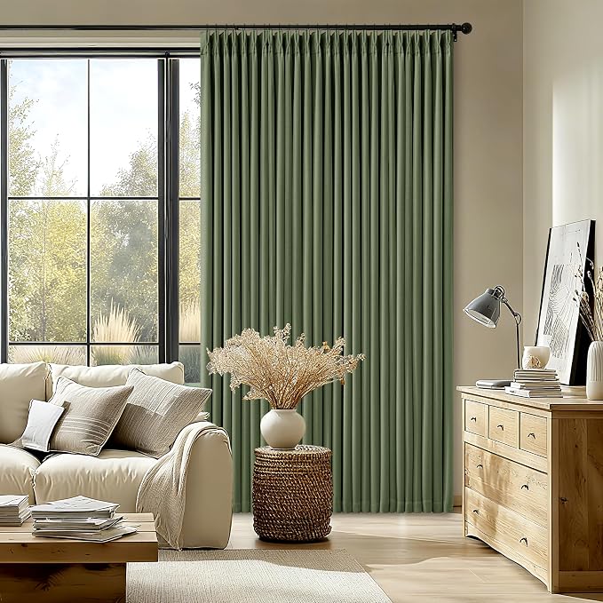 Olive Green Blackout Pinch Pleat Curtains 84 Inches Long 2 Panels for Living Room Bedroom 100% Black Out Linen Dual Layer Pleated with Hooks Rings Back Tab Room Darkening Loden Drapes 84 Inch Length