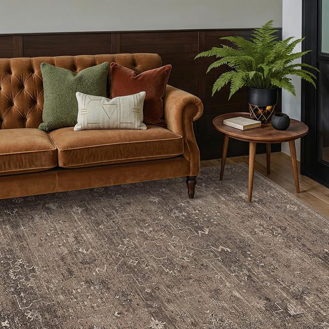 Modern Farmhouse 5x7 Area Rug for Home Office, Dark Neutral Smoky Brown Washable Rug with Vintage Distressed Design, Non-Slip Soft Carpet for Living Room Bedroom Dining Room