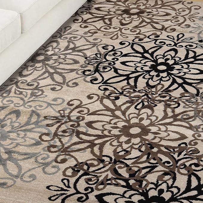 Superior Indoor Area Rug, Jute Backed, Perfect for Entryway, Office, Living/Dining Room, Bedroom, Kitchen, Hardwood Floor, Floral Scroll Decor, Leigh Collection, 3' x 5', Beige