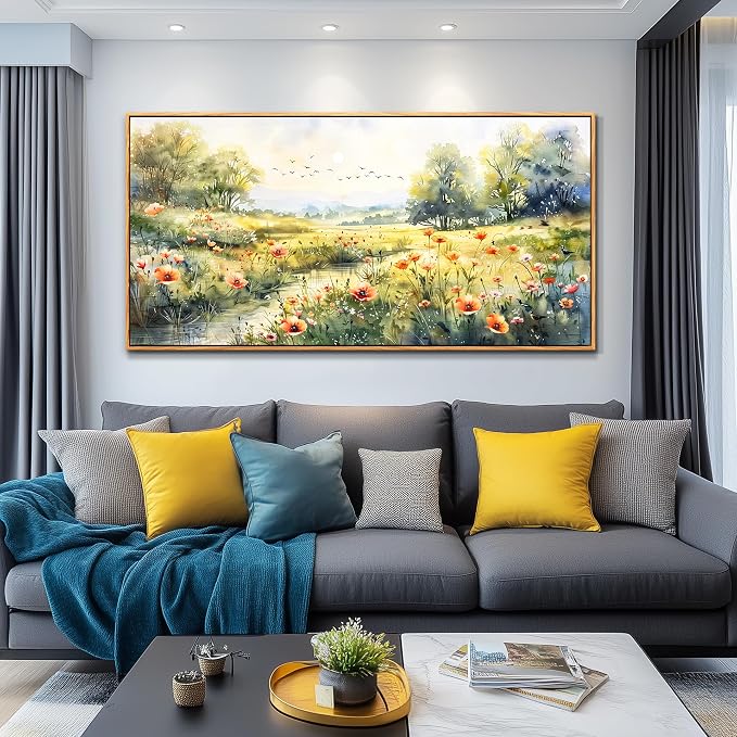 XIGUANGART Canvas Wall Art for Living Room Wildflower Pastoral Scenery Paintings Large Framed Wall Decor Meadow Abstract Pictures Rustic Floral Art Print for Bedroom Office Modern Artwork Decorations