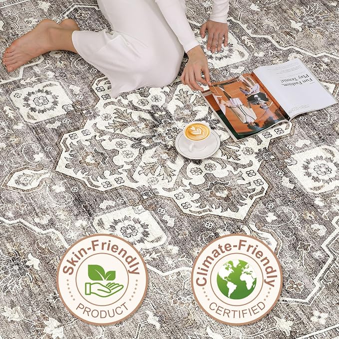 7x10 Area Rug Living Room: Washable Boho Large Neutral Vintage Soft Rug Stain Resistant Farmhouse Non-Slip Indoor Rustic Floor Carpet for Bedroom Nursery Kids Playroom Office Dining Room- Dark Brown