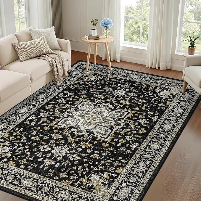 4x6 Area Rugs for Living Room: Washable Rug Soft Vintage Boho Medallion Carpet Indoor Non-Slip Stain Resistant Large Carpets for Bedroom Dining Room Farmhouse Nursery Home Office Black Gold