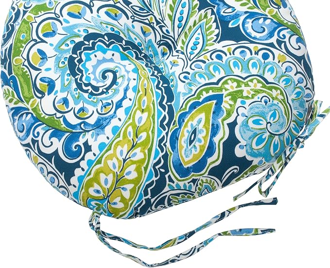 Magpie Fabrics Outdoor Round Bistro Seat Cushions with Ties, 15"x15"x4" Set of 2, Tufted Waterproof Barstool Chair Pads for Patio Home Garden Office, Paisley Lapis Green