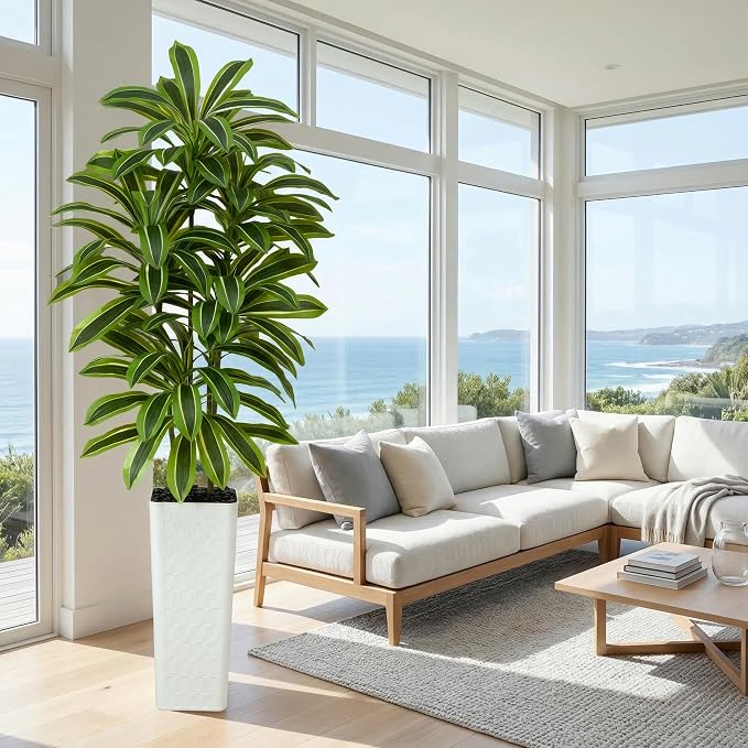 Artificial Dracaena Tree:7FT Faux Silk Tropical Yucca Floor Trees Realistic Fake Green Plant with Natural Wood Trunk & Lifelike Leaves for Home Office Decor Indoor & Outdoor (7FT,1-Pack,White)