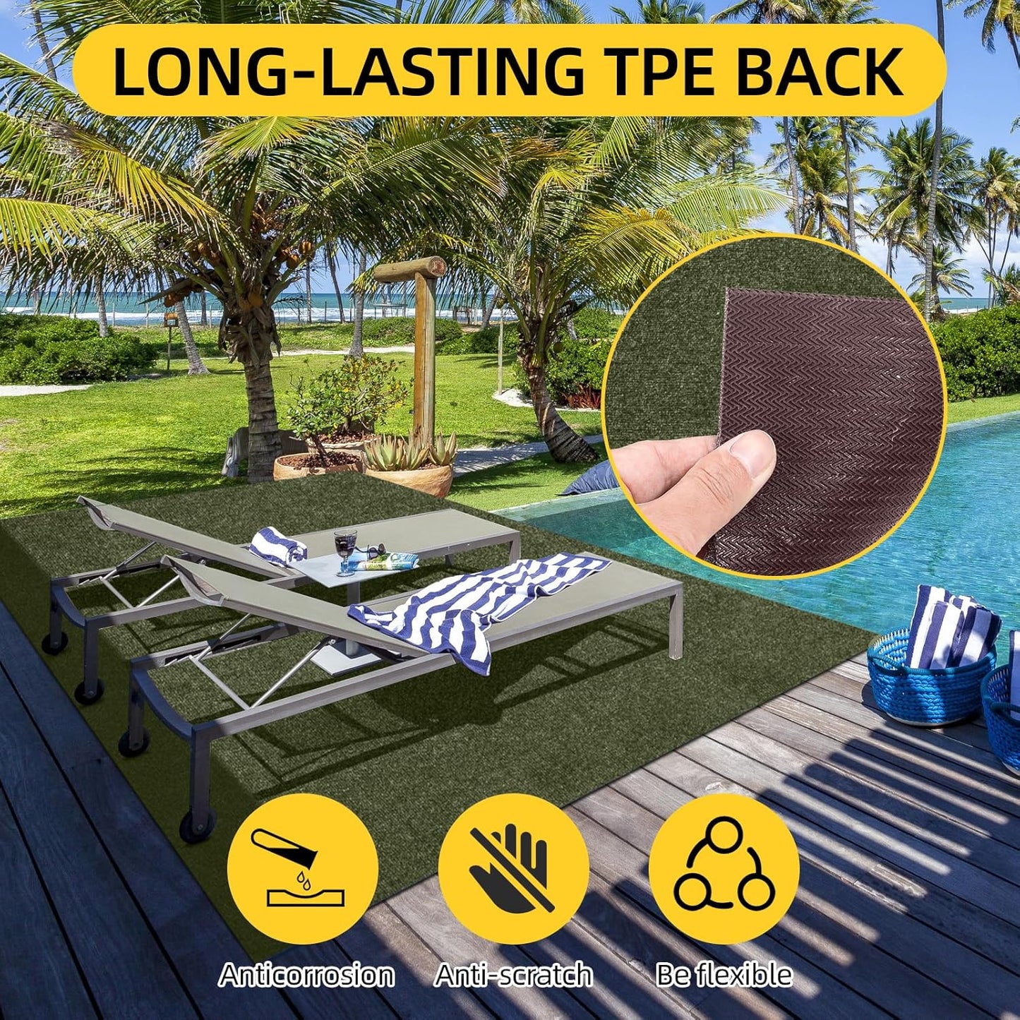 Marine Carpet,6 FT x 18 FT Olive Green Indoor Outdoor Carpet 0.2" Thick with Water-Proof TPE Backing, Non-Slide for Home, Patio, Porch, Deck