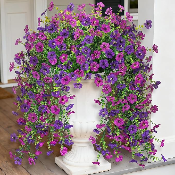 Ammyoo 2Pcs Fake Hanging Flowers for Outdoor Decoration Artificial Hanging Flowers Realistic Daisy Plants UV Resistant, Faux Silk Flower for Porch Patio Window Sill Outside Decor(Purple Deep Purple)