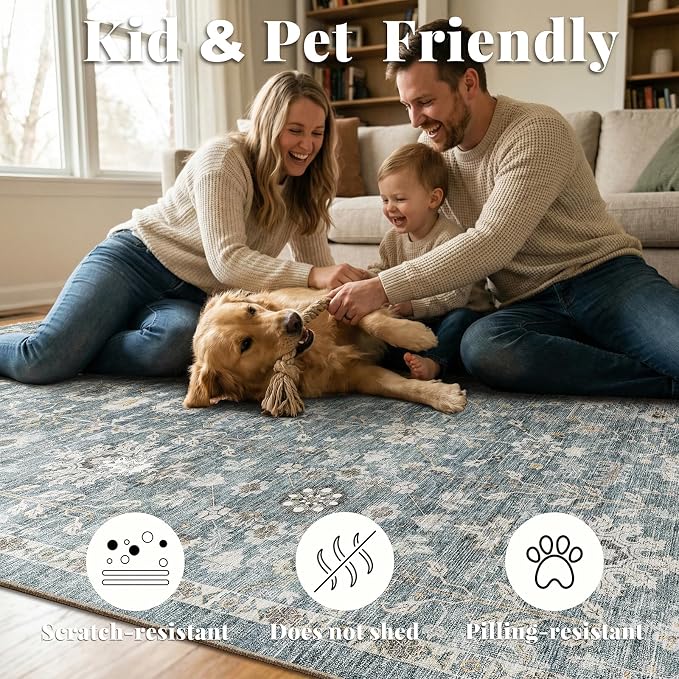 Washable Rugs for Living Room: 9x12 Area Rugs for Bedroom Ultra Soft Non-Slip Stain Resistant Vintage Boho Large Carpet for High-Traffic Dining Room - Farmhouse Decor