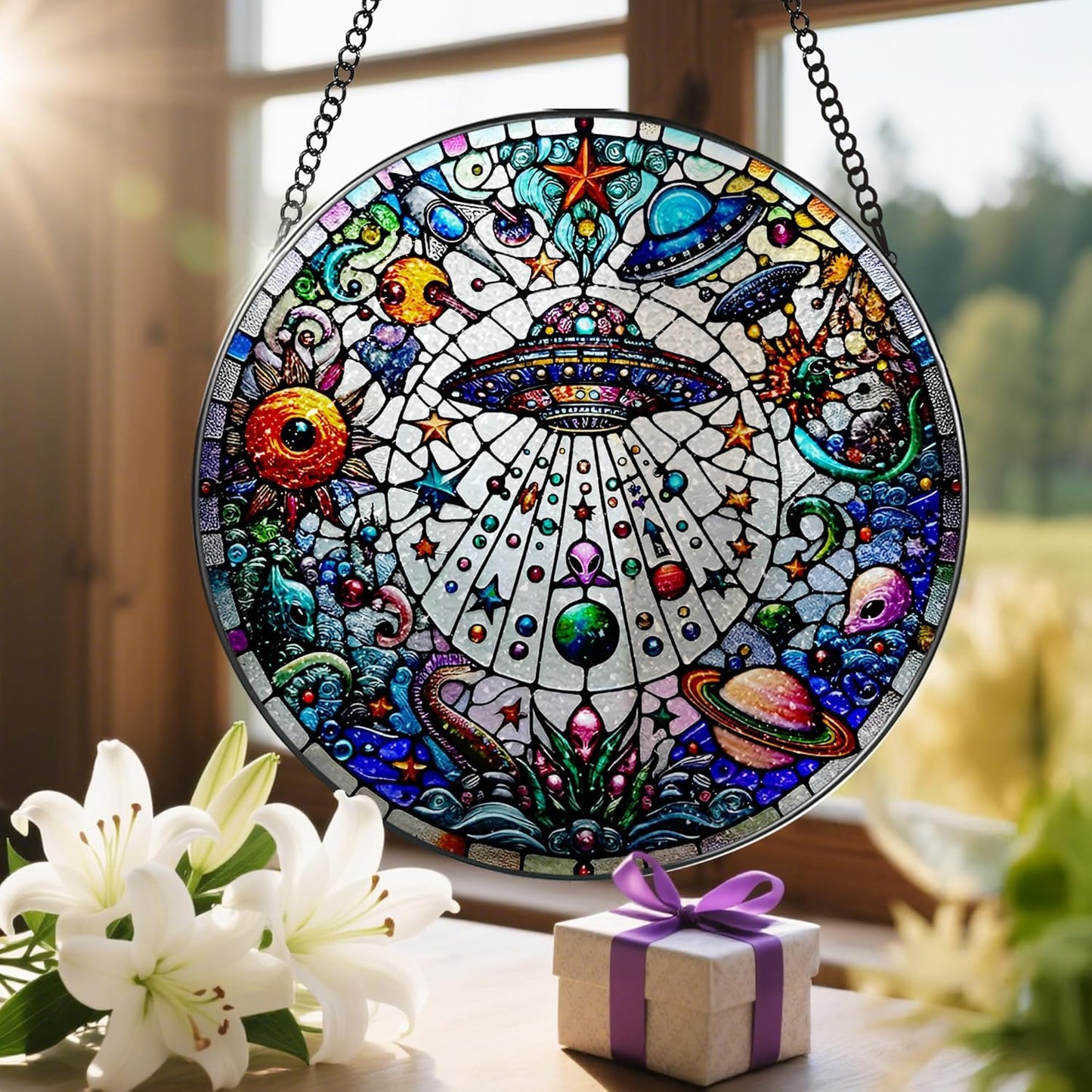 Stained Glass Window Hanging, LAOWEIKI 8'' UFO&Alien Suncatcher, Stained Glass Ornament, Suncatchers for Windows Hanging, Window Decor, Outdoor or Indoor, Gifts for Friends, Art Lover, Astronomer