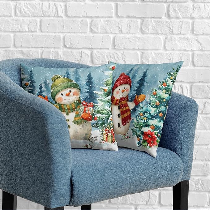 Lovely Green and Red Snowman Pillow Covers Christmas Throw Pillow Covers 20x20 Set of 2 Winter Xmas Tree Pine Forest Pillowcase Holiday Cushion Case for Couch Sofa