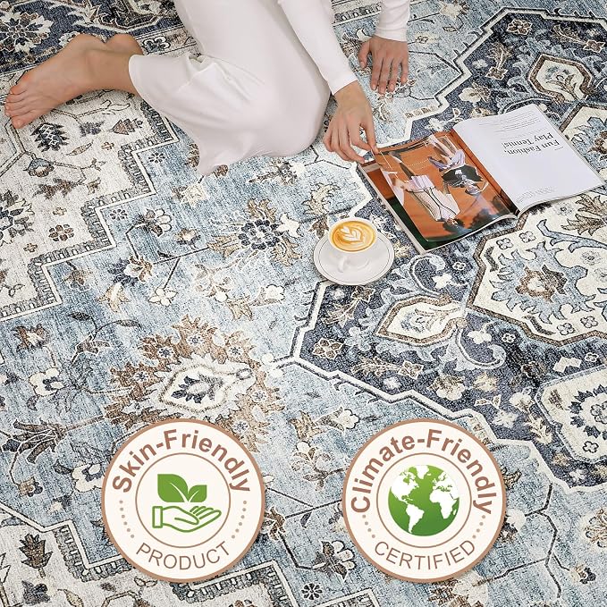7x10 Area Rug Living Room: Washable Boho Large Neutral Vintage Soft Rug Stain Resistant Farmhouse Non-Slip Indoor Floor Carpet for Bedroom Nursery Kids Office Dining Room Home House- Blue Tan