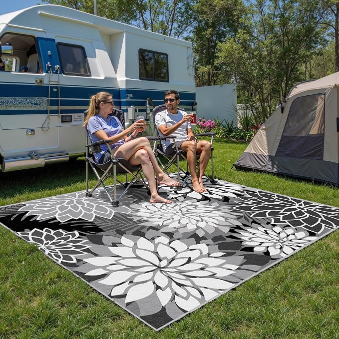 5x8 Outdoor Area Rug Washable Multicolored Patio Rug Tropical Botanical Floral Chenille Waterproof Outdoor Carpet for Living Room, Deck, Backyard, Porch, Black