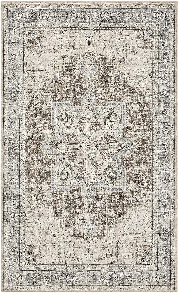 Tortania Area Rug Living Room Rugs - 3x5 Washable Boho Rug Vintage Oriental Distressed Farmhouse Small Thin Indoor Carpet for Living Room Bedroom Under Dining Table Home Office - Brown Blue
