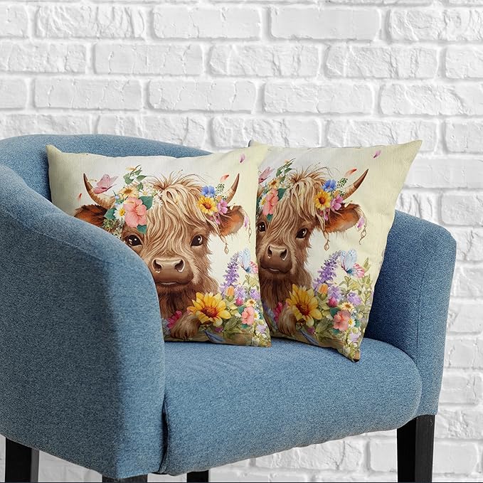 Highland Cow Pillow Covers 18x18 Set of 2 Cattle with Flowers Throw Pillow Covers Spring Outdoor Pillowcase Cotton Linen Farmhouse Cushion Case for Sofa Outdoor Patio