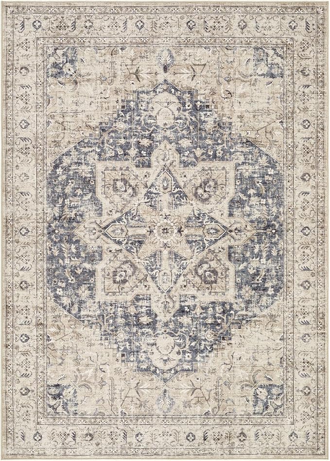 Tortania Area Rug Living Room Rugs - 7x10 Washable Boho Rug Vintage Oriental Distressed Farmhouse Large Thin Indoor Carpet for Living Room Bedroom Under Dining Table Home Office - Cream/Blue
