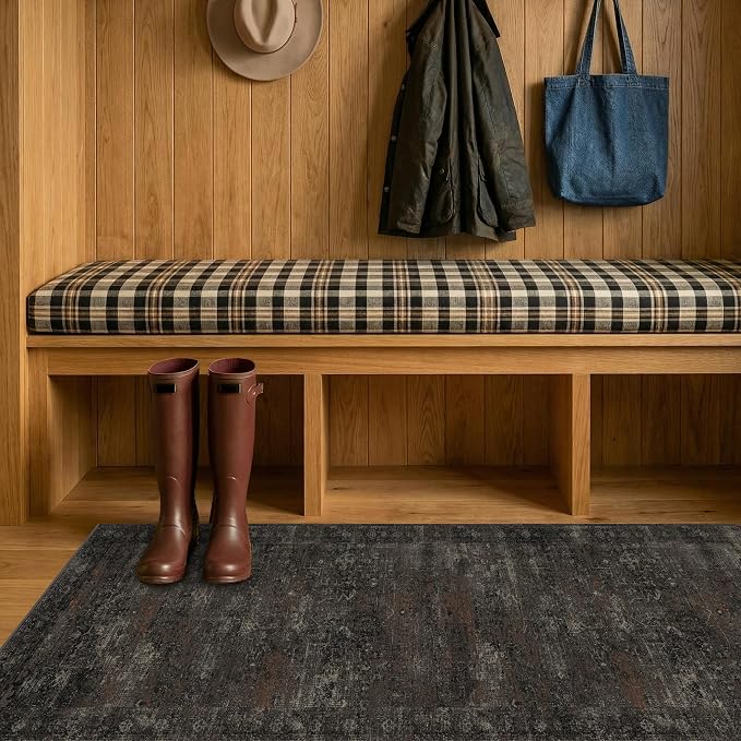 Black 2x5 Washable Entryway Runner Rug, Non Slip Hallway Rug for Laundry Room, Bathroom & Bedroom, Dark Charcoal Low Pile Stain Resistant Indoor Rug
