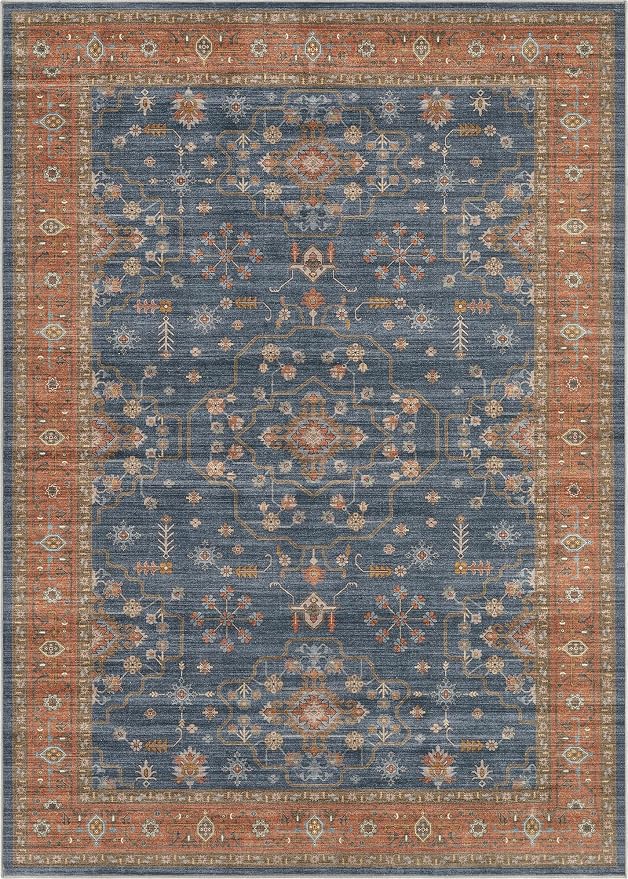 6x9 Area Rug for Living Room- Machine Washable Soft Oriental Vintage Large Indoor Floor Carpet for Bedroom Under Dining Table Home Office Decor - Blue Terracotta
