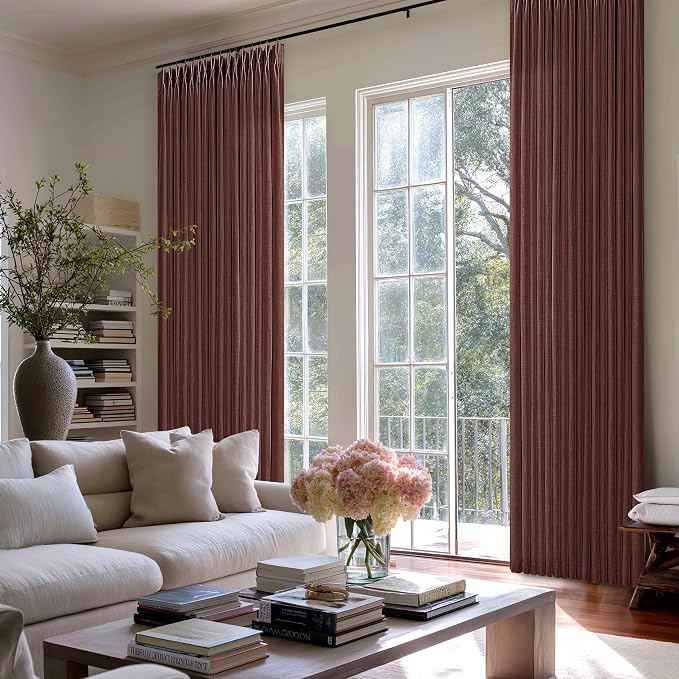Chestnut Brown Pinch Pleated Linen Curtains 84 Inches Length Light Filtering Back Tab Red Brick Pleat Curtain for Living Room Bedroom 84 Inch Long 2 Panels Memory Trained Window Drapes with Rings