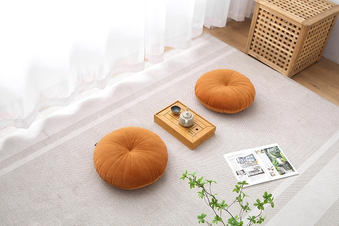 Floor Pillow Meditation Cushion Round Large Floor Pillows Seating for Adults, Velvet Thick Floor Cushions for Yoga Living Room Balcony Outdoor Tatami 18inch(Caramel)