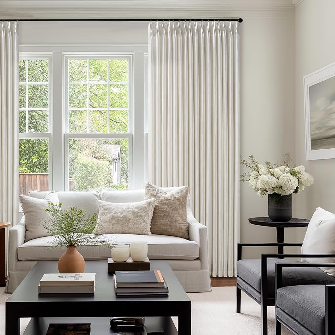 Natural Cream Pinch Pleat Linen Curtains 120 Inches Long for Living Room Pleated Drapes Hooks Rings Back Tab Light Filtering Boho Farmhouse Extra Long Semi Sheer 120 Inch Curtain Dining Room Bedroom