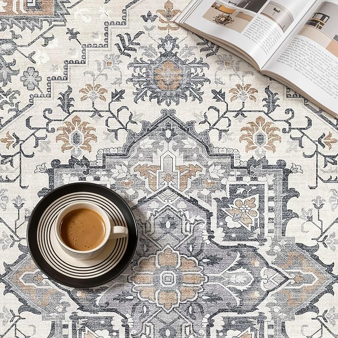 UERMEI 6x9 Area Rug Living Room Rugs - Washable Vintage Soft Large Rug Indoor Floor No Slip Rug Carpet for Bedroom Farmhouse Under Dining Table Home Office Decor - Grey-Orange