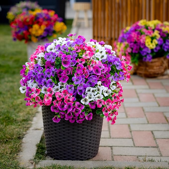 AXYLEX Artificial Flowers Outdoor Shrubs - 16 Bundles Fake Plants UV Resistant No Fade Faux Plastic Greenery Home Garden Porch Patio Decoration (1, Multi 16-4)