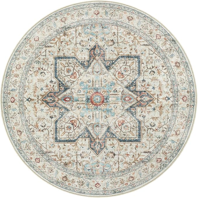 Tortania 12' Round Area Rug Living Room Rugs - Washable Boho Rug Vintage Oriental Distressed Farmhouse Large Thin Indoor Carpet for Bedroom Under Dining Table Home Office - Aqua Multi