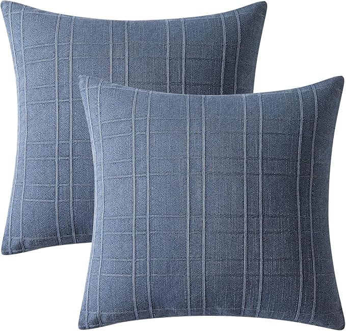MIULEE Decorative Linen Check Euro Shams Throw Pillow Covers Neutral Farmhouse Vintage Pillow Covers 24x24 Set of 2 Boho Modern Home Decor for Sofa Couch Bedroom Cushion Blue