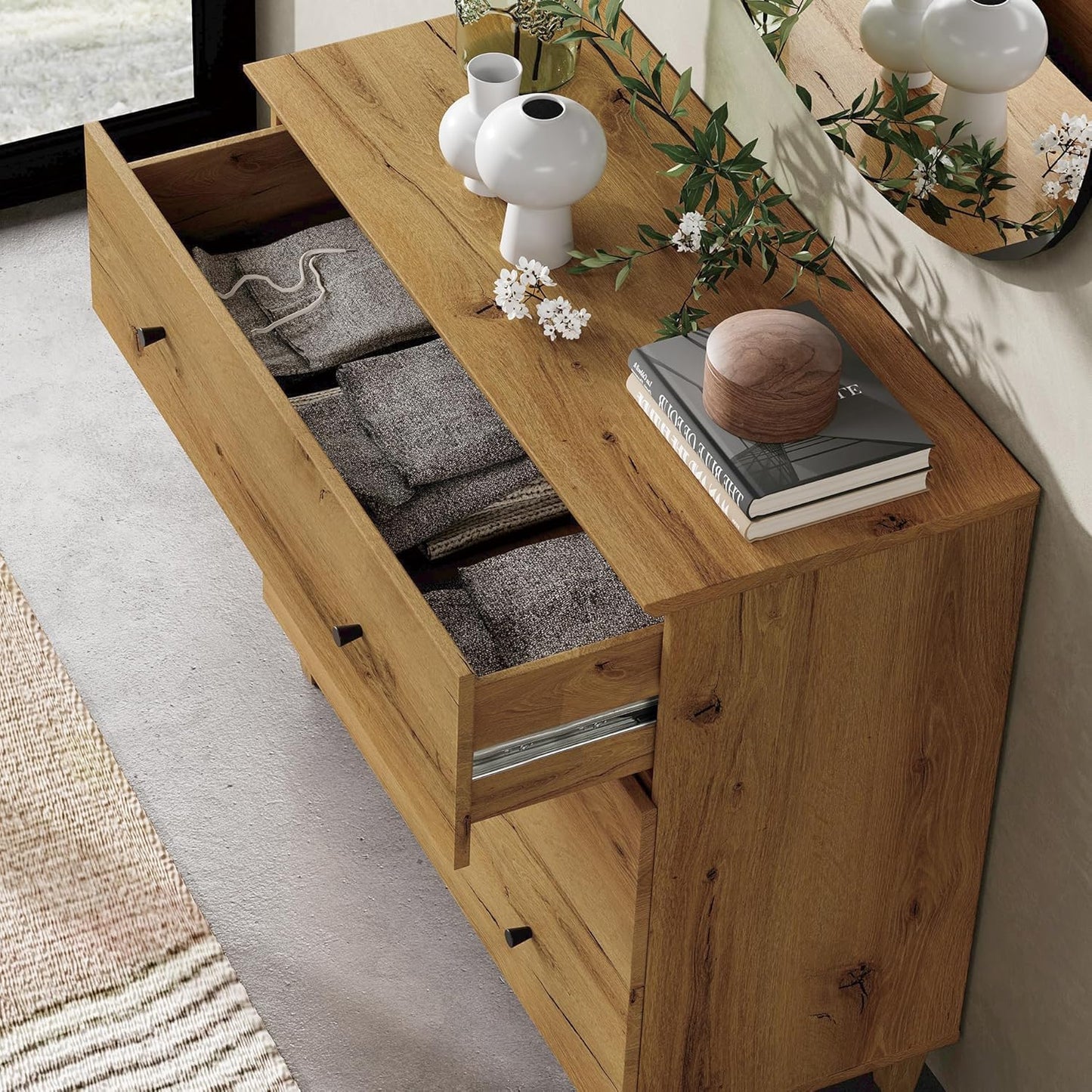 WAMPAT Dresser with 9 Drawers, Bedroom 3-in-1 Wide Wooden Chest of Drawers, Modern Long Dressers Closet Storage Organizer w/Solid Wood Legs for Living Room, Kids Room, Oak Brown,106 Inches