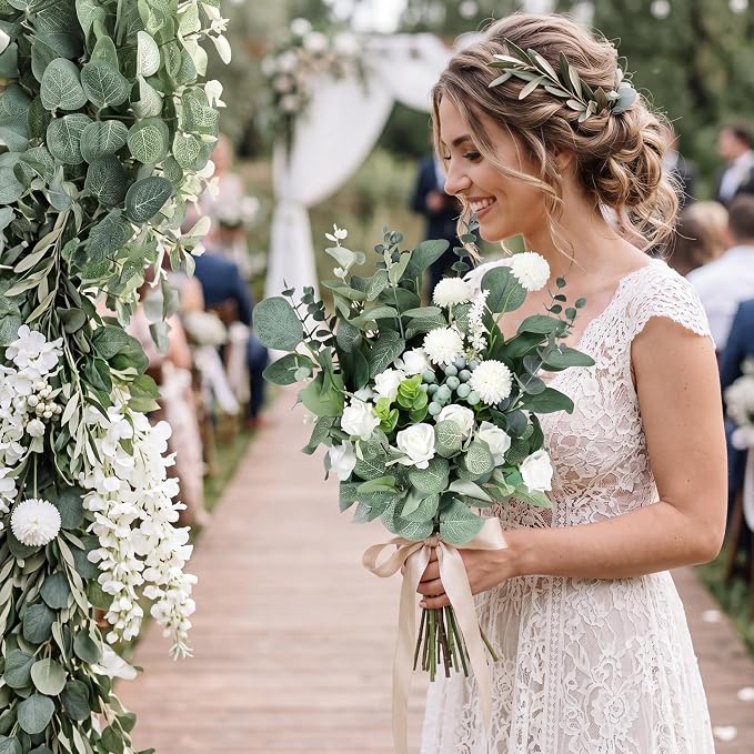 Giegxin 1000 Pcs 3 Kinds Mixed Artificial Eucalyptus Leaves Stems Bulk Silver Dollar Leaves Picks Dried Eucalyptus Bundle Faux Spray for Wedding Vase Bouquet Floral Arrangement (Green)