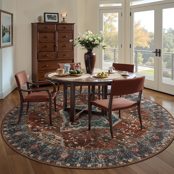 Tangsoo Oriental Round Area Rugs 6ft, Washable Circle Rug, Non Slip Boho Round Area Rug, Vintage Low Pile Circular Rugs,Large Rounds Rugs Carpet for Livingroom Bedroom Nursery Dorm Office Rust/Blue