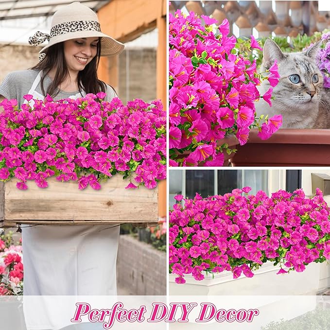 Waipfaru 24 Bundles Artificial Flowers for Outdoors Faux Plants Outdoor, UV Resistant Artificial Plants Outdoor, Silk Petunias Fake Flowers for Outside Home Decor Planter Porch Decoration, Rose Red