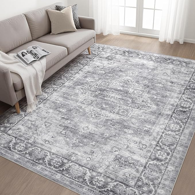 6x9 Area Rugs Living Room: Washable Boho Large Neutral Vintage Soft Rug Stain Resistant Farmhouse Non-Slip Indoor Floor Carpet for Bedroom Nursery Kids Playroom Office Dining Room- Gray