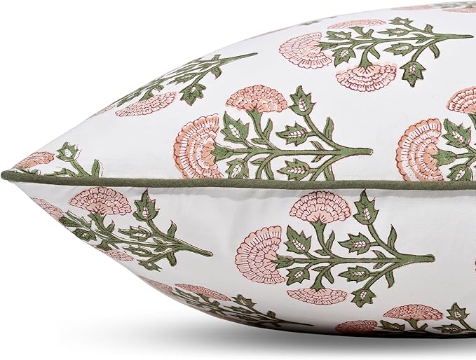 Ridhi Block Print Mughal Buta Peach Pillow Cover 16" x 16" (Pack of 2) Decorative Couch Pillows for Living Room, Chic Boho Cute Outdoor Pillows Covers Gifts for Spring, Easter and Valentine