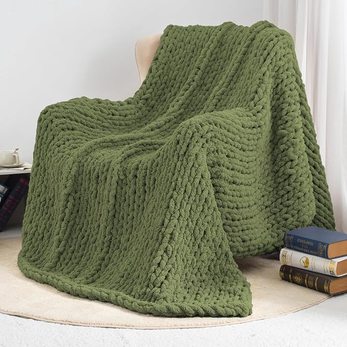 Chunky Knit Throw Blanket 50x60, 100% Handmade Chenille Yarn | 4.4lbs Soft Thick Cable Knitted Blankets, Large Rope Knot Crochet Throws for Couch Sofa Bed Christmas Fall Decor, Olive Green