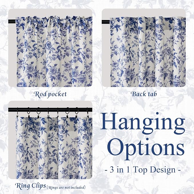 StangH Vintage French Blue Floral Curtains for Living Room, Shabby Chic Peony Print Linen Textured Drapes, Coastal Aesthetic Light Filtering Privacy Window Coverings, W52 x L84, 2 Panels