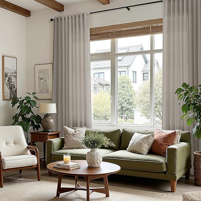 Nanspring Grey Beige Linen Curtains for Living Room 72 Inches Long Luxury Light Filtering Semi Sheer Curtain Back Tab Simple Modern Neutral Elegant Boho Gray Drapes for Bedroom 52x72, 2 Panels