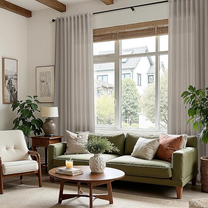 Nanspring Grey Beige Linen Curtains 63 Inch Length ffor Living Room Luxury Light Filtering Semi Sheer Curtain Back Tab Simple Modern Neutral Elegant Boho Gray Drapes for Bedroom 52x63, 2 Panels