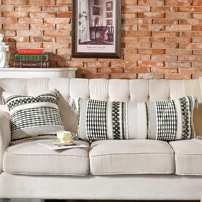 AmHoo Chenille Striped Textured Boho Throw Pillow Covers Aesthetic with Tassels Woven Decorative Pillow Case for Couch Bed Sofa Bedroom Modern Funky 18 x 18-Inch Sage Green