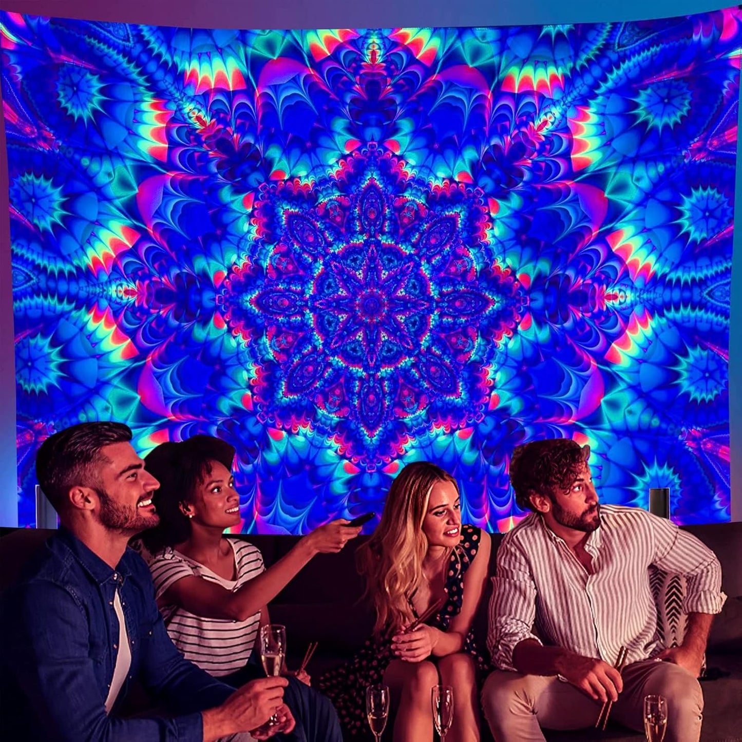 OSVINO Blacklight Mandala Tapestry 59"x51" Glow In The Dark Psychedelic Boho Tapestry Colorful Backdrop Bohemian Room Decor UV Reactive Hippie Wall Posters for Bedroom, Mandala,