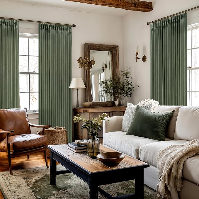 Pinch Pleated Olive Green Linen Curtains 84 Inches Long 2 Panels Set for Living Room Bedroom Dining Pinch Pleat Back Tab Light Filtering Farmhouse Boho Dark Green Loden Window Curtain Drapes W50xL84