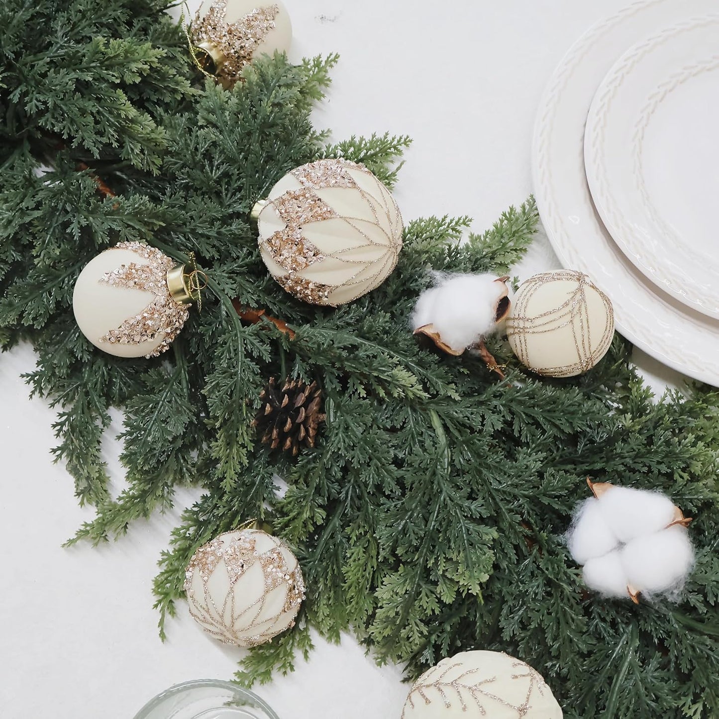 4inch Velvet Ornaments for Christmas Tree, 9PCS Glitter Flocked Christmas Ornaments Decorations Balls Set Decor Beige