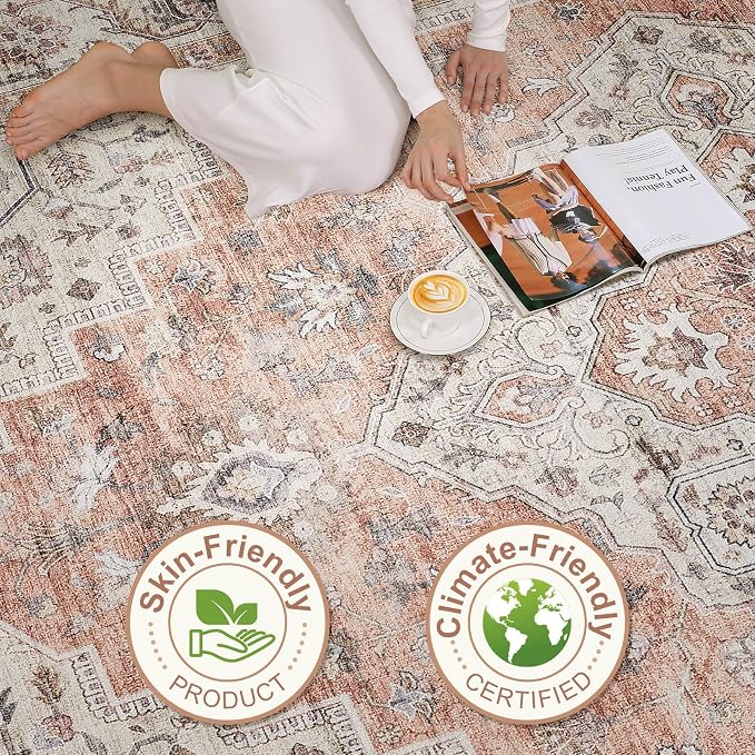 7x9 Area Rug Living Room: Washable Boho Large Neutral Vintage Soft Rug Stain Resistant Farmhouse Non-Slip Indoor Floor Retro Carpet for Bedroom Nursery Kids Office Dining Room- Pink Brown