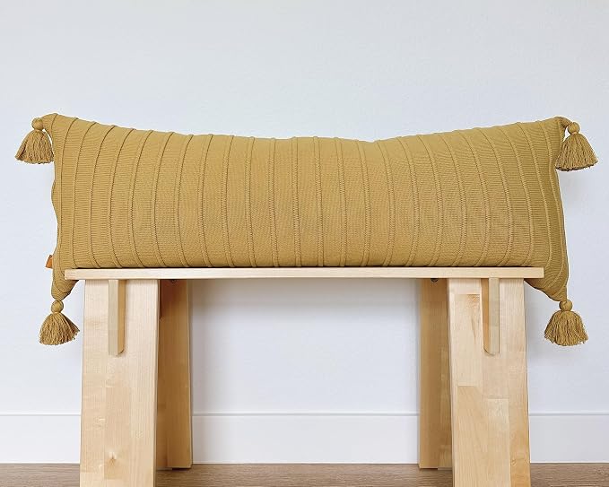 Muted Mustard Yellow Ribbed Lumbar Pillow Cover – 14x36 Cotton Knit with Tassels, Subtle Decorative Accent for Bed, Sofa, or Bench