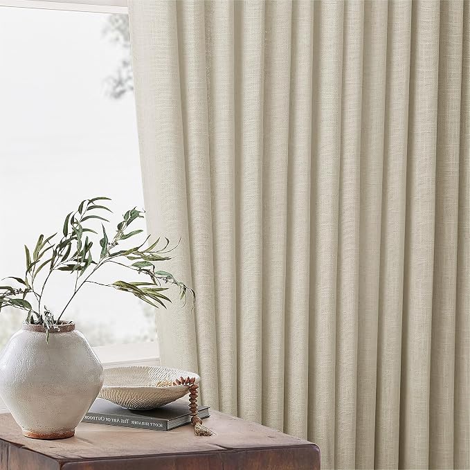 Beige Pinch Pleated Linen 72 Inch Curtains 2 Panels for Living Room Bedroom Memory Training Shaped Neutral Semi Sheer Short Pleat Drapes with Hooks Rings Back Tab Window Curtain Cabin Closet 40x72