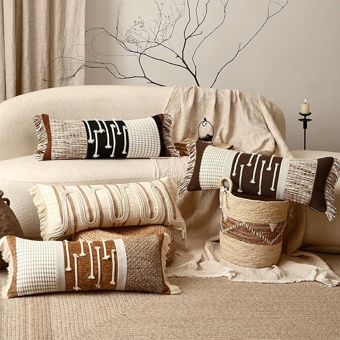 Decorative Lumbar Pillow Cover 12x28, Boho Woven Farmhouse Cotton Linen Cushion Case with Tassels & Hidden Zipper, Lumbar Throw Pillow Case for Bed Sofa Bedroom Living Room(Dark Brown)