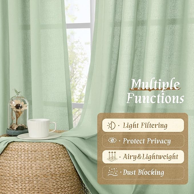 LAMIT Linen Curtains 84 inches for Bedroom, Faux Linen Textured Light Filtering Drapes Rod Pocket Boho Semi Sheer Panels for Farmhouse/Living Room, 2 Panels, 52 x 84 Inch, Light Green