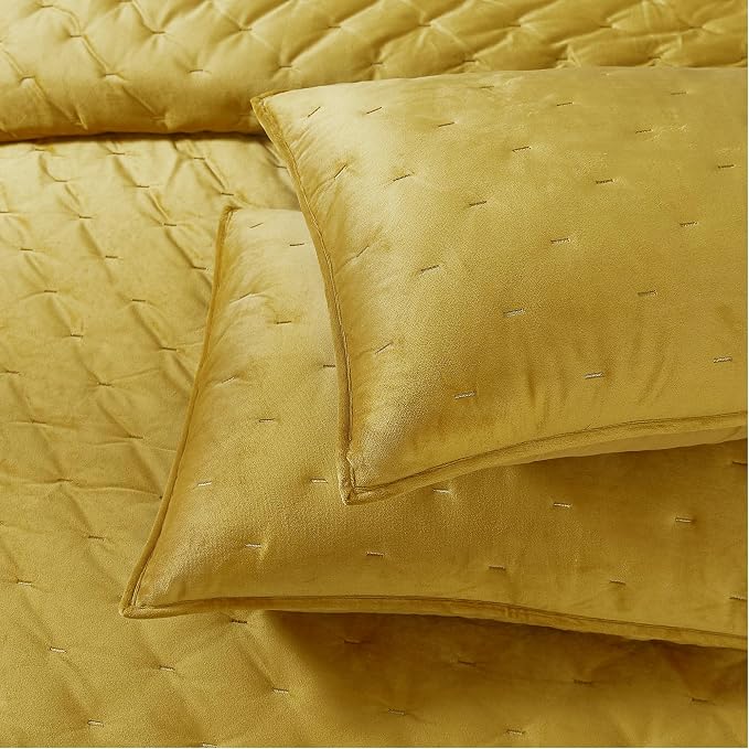 Lush Decor - Quilt Set, 3-Piece Cozy Velvet Bedding with Matching Shams, Embroidered Stitch Design (Haven Mineral Yellow, King/California King)