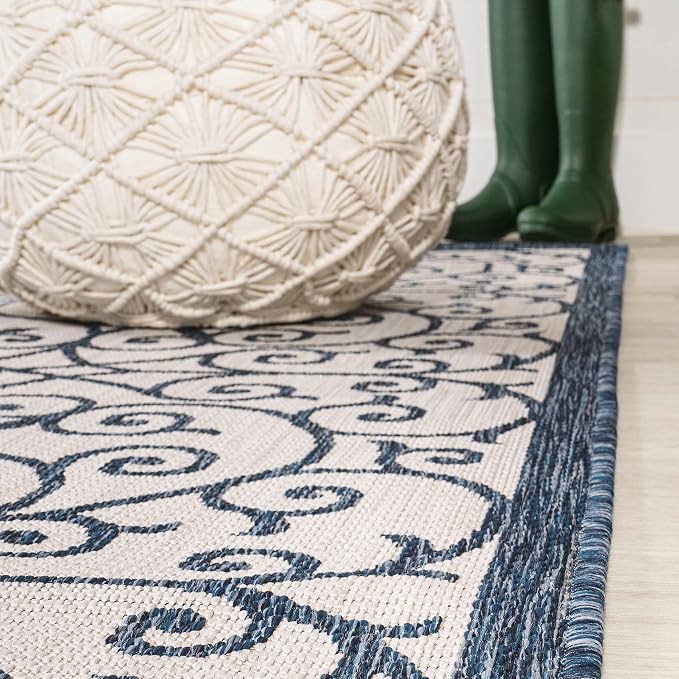 JONATHAN Y Vintage Filigree Indoor Outdoor Runner Rug 2X8 Blue/Cream, Madrid Textured Weave for Backyard, Patio, Porch, Easy-Cleaning, High Traffic, Pet-Friendly, Non-Shedding (SMB107F-28)
