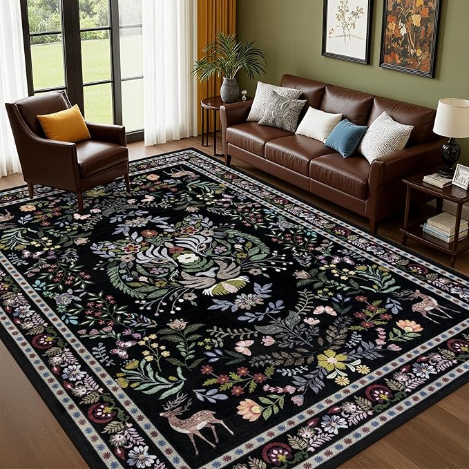 6x9 Area Rugs Living Room Rug: Vintage Washable Rug Floral Soft Carpet Indoor Floor Non-Slip Boho Stain Resistant Large Carpets for Bedroom Kids Nursery Dining Room Farmhouse Home Office Black